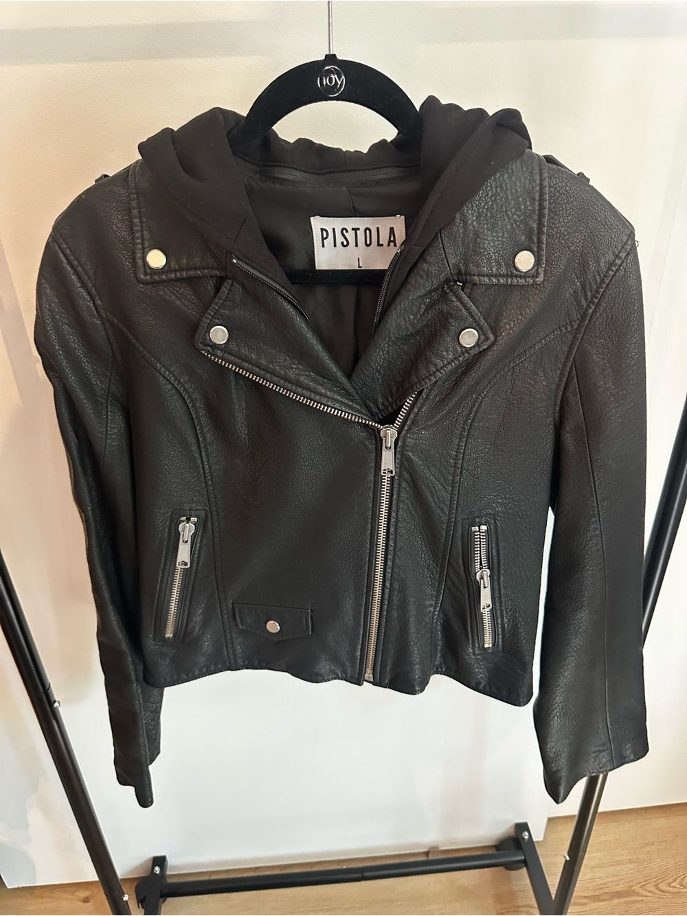 Pistola Black Faux Leather Moto Jacket with Attached Hood